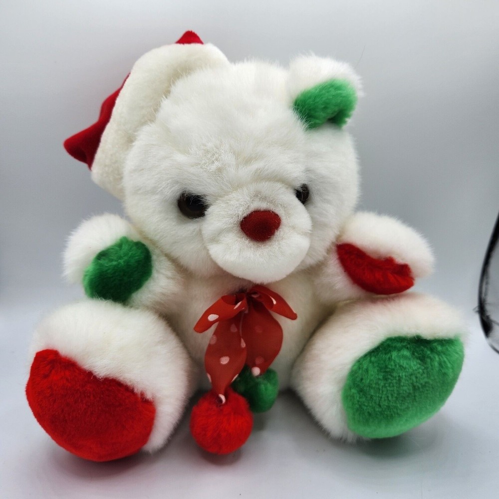 Vintage White Christmas Bear Plush Red Green Stuffed Animal Santa Hat Jaisy Inc